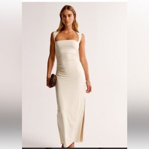 Abercrombie & Fitch Ava Knit Maxi Cream Ruched Dress with Slit NWOT